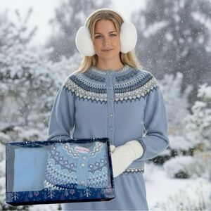 Womens Sweater RARE Set Cardigan & Skirt 100% Wool XS HandMade Denmark FLAW READ